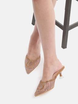 AXIUM - Women'S Antique Gold Knitted Embellished Heel Mules