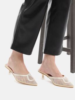 AXIUM - Women's Cream Knitted Embellished Heel Mules