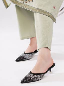 AXIUM - Women's Black Knitted Embellished\ Heel Mules