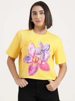 United Colors of Benetton - Yellow Round Neck Floral Printed Boxy T-Shirt