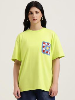 United Colors of Benetton - Lime Green Crochet Detail Back Printed Longline T-Shirt