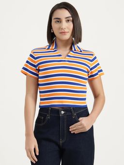 United Colors of Benetton - Blue and Orange Johny Collar Striped Polo T-Shirt
