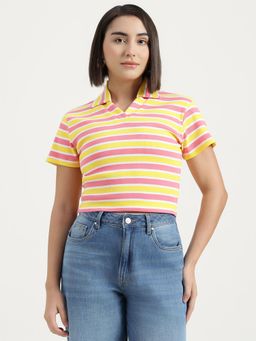 United Colors of Benetton - Yellow and Pink Johny Collar Striped Polo T-Shirt