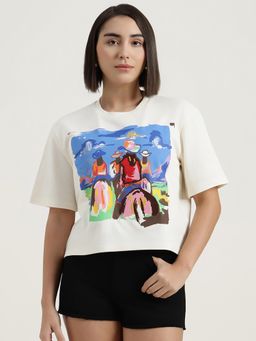 United Colors of Benetton - Cream Round Neck Embroidered T-Shirt