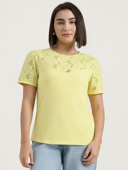 United Colors of Benetton - Yellow Solid Round Neck Schiffli Top