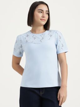 United Colors of Benetton - Blue Solid Round Neck Schiffli Top