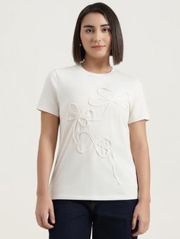 United Colors of Benetton - Cream Round Neck Self Design T-Shirt