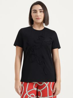 United Colors of Benetton - Black Round Neck Self Design T-Shirt