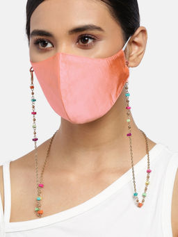 Blueberry - Peach Reusable 2-Ply Satin Face Mask With Gold Plated Beaded Chain