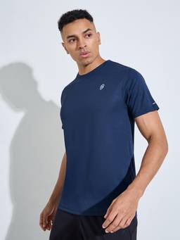 Styli - Men Navy Blue Running T-Shirt with Front and Back Reflector Print Details