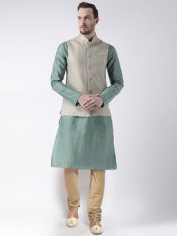 KISAH - Men Green Jacquard Kurta with Nehru Jacket & Churidar (Set of 3)