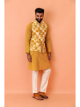 KISAH - Men Mustard Printed Kurta with Nehru Jacket & Pant (Set of 3)