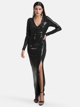 Kazo - x Janhvi Kapoor Black Stick-on Sequin Wrap Maxi Dress With Slit