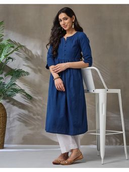 Fabindia - Indigo Cotton Check Slim Fit Long Kurta