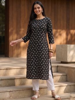 Maaesa - Women Black Cotton Printed Straight Kurta