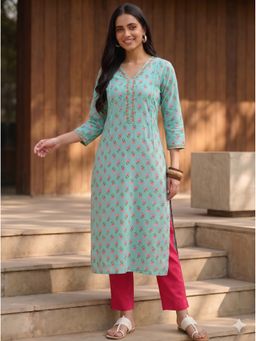 Maaesa - Women Aqua Cotton Floral Printed Straight Kurta