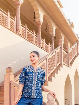 SAVI - Blue Denim Embroidered Straight Fit Top