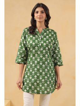 SAVI - Green Cotton Printed Straight Tunic