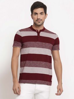 Club York - Men Maroon Striped Henley Neck T-Shirt