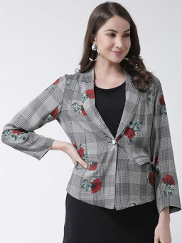 KASSUALLY - Women Grey Checked Single Breasted Blazer