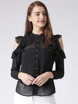 KASSUALLY - Women Black Sheer Ruffled Shirt-Style Top