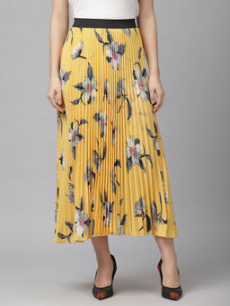 KASSUALLY - Yellow Floral Printed Accordion Pleat Midi Flared Skirt