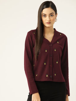 KASSUALLY - Women Burgundy Pineapple Embroidered Cardigan