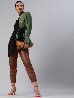 KASSUALLY - Black & Olive Green Colourblocked Puff Sleeves Asymmetric Shrug