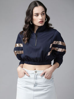 KASSUALLY - Women Navy Blue Solid Cropped Sweatshirt