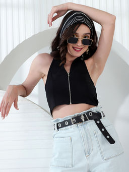 KASSUALLY - Black Front Zipper Halter Neck Backless Crop Top