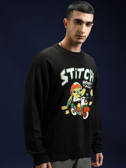 HIGHLANDER - Disney Men Stitch Jet Black Round Neck Self Sweater