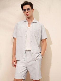 HIGHLANDER - Men Grey Dobby Striped Casual Relaxed Co-Ord Set