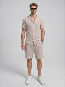 HIGHLANDER - Men Beige Popcorn Textured Solid Cuban Collar Relaxed Co-Ord Set