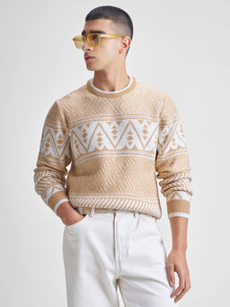 HIGHLANDER - Self Design Open Knit Acrylic Beige Pullover Sweater