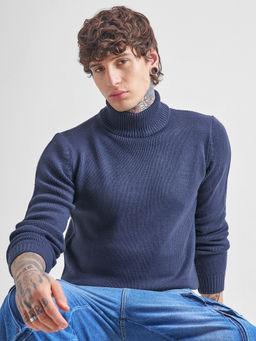 HIGHLANDER - Turtle Neck Regular Fit Navy Blue Pullover Sweater