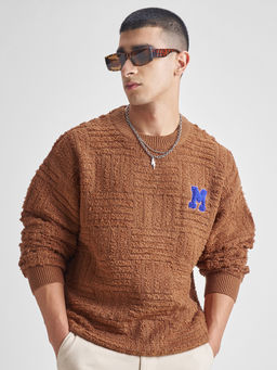HIGHLANDER - Men Brown Oversized Round Neck Drop Shoulder Sweater