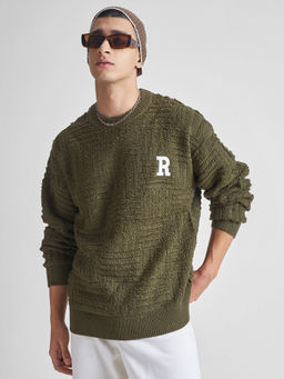 HIGHLANDER - Men Olive Oversized Round Neck Drop Shoulder Sweater