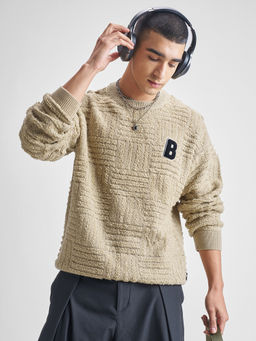 HIGHLANDER - Men Beige Oversized Round Neck Drop Shoulder Sweater