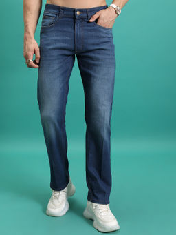 HIGHLANDER - Mens Blue Cotton Blend Clean Look Solid Jeans