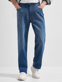 HIGHLANDER - Blue Cotton Blend Solid Relaxed Fit Jeans