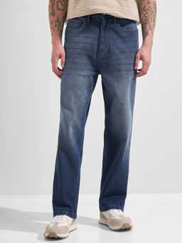 HIGHLANDER - Blue Cotton Blend Solid Baggy Jeans