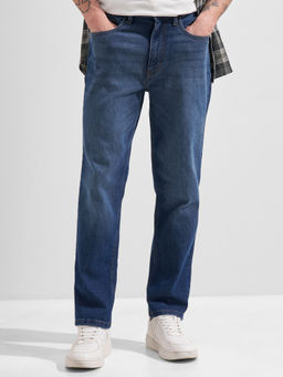 HIGHLANDER - Blue Cotton Blend Solid Regular Fit Jeans
