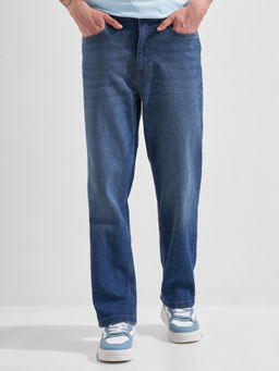 HIGHLANDER - Blue Cotton Blend Solid Straight Jeans