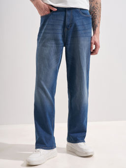 HIGHLANDER - Men Blue Cotton Blend Solid Baggy Jeans