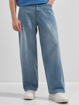 HIGHLANDER - Mens Blue Cotton Blend Solid Baggy Jeans