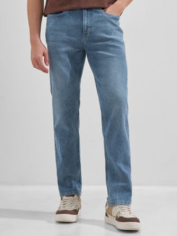 HIGHLANDER - Blue Cotton Blend Solid Staright Jeans
