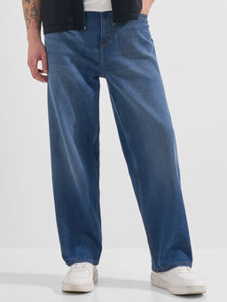 HIGHLANDER - Blue Cotton Blend Solid Loose Fit Jeans