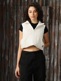 High Star - White Women Polyester Solid Sleeveless Puffer