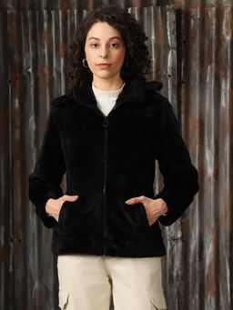 High Star - Black Women Cotton Solid Oversized Fit Full Sleeves Jacket