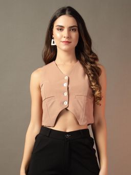 Trend Arrest - Beige V-Neck Woven Waistcoat